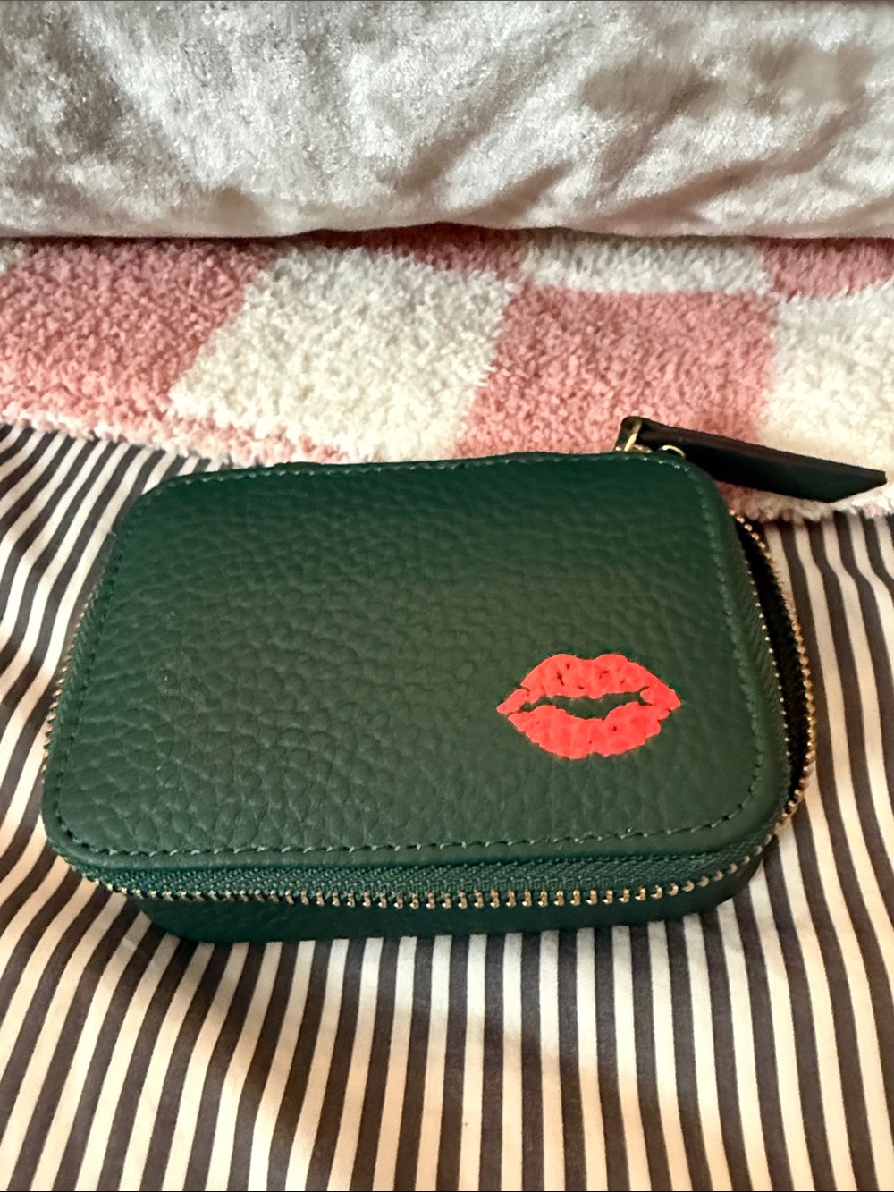 Green Leather Zip Pouch with Red Kiss Detail